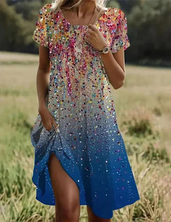 Damen Midi-Kleid mit Blumenmuster, Rundhals & Kurzarm. Locker geschnitten für Sommer & Alltag.