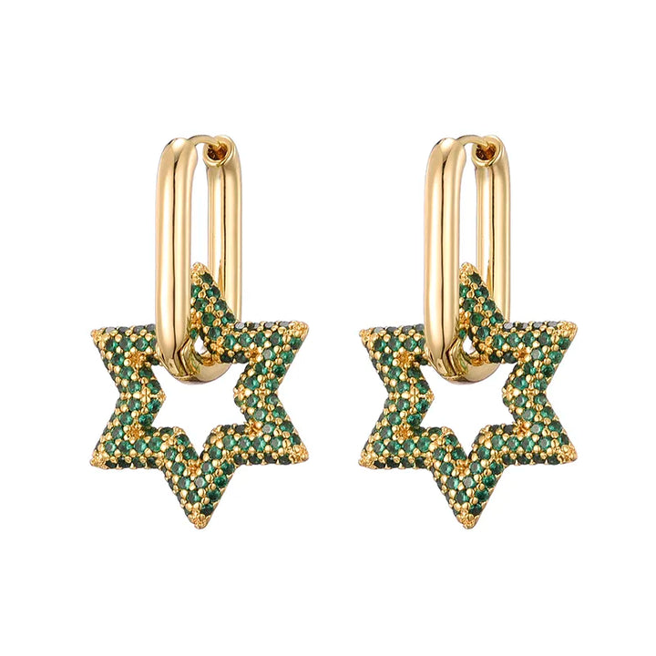 Vielseitige Stern-Creolen für Damen, verziert mit brillanten Kristallen. Eleganter Schmuck für den Alltag oder Festtage.