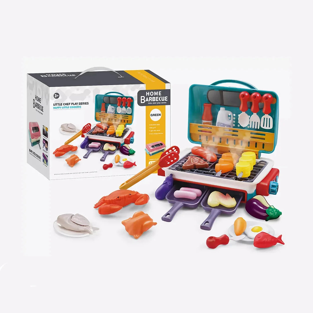 Detailreicher Kinder-BBQ-Grill mit authentischem Rauch & farbwechselndem Grillgut für immersive Spielerlebnisse.