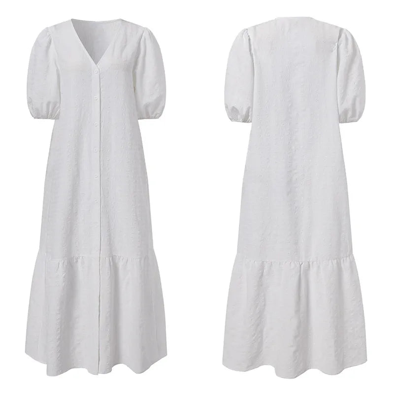 Modernes Damen Maxikleid Übergröße mit ansprechendem V-Ausschnitt und voluminösen Puffärmeln. Sehr bequem.