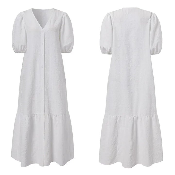 Modernes Damen Maxikleid Übergröße mit ansprechendem V-Ausschnitt und voluminösen Puffärmeln. Sehr bequem.