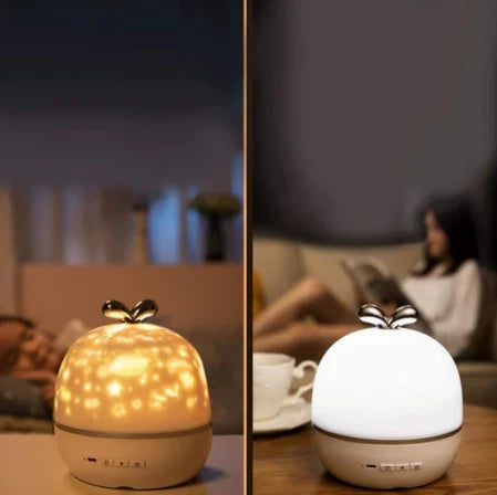Modernes Nachtlicht mit Sternenhimmel-Projektion, beruhigender Musik & LED Licht; schafft Wohlfühloase für Kinder.