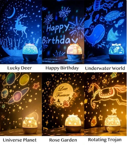 Dekoratives Nachtlicht mit Sternenhimmel Projektor & Musik; LED Licht als sanfte Schlafhilfe im Kinderzimmer Ambiente.