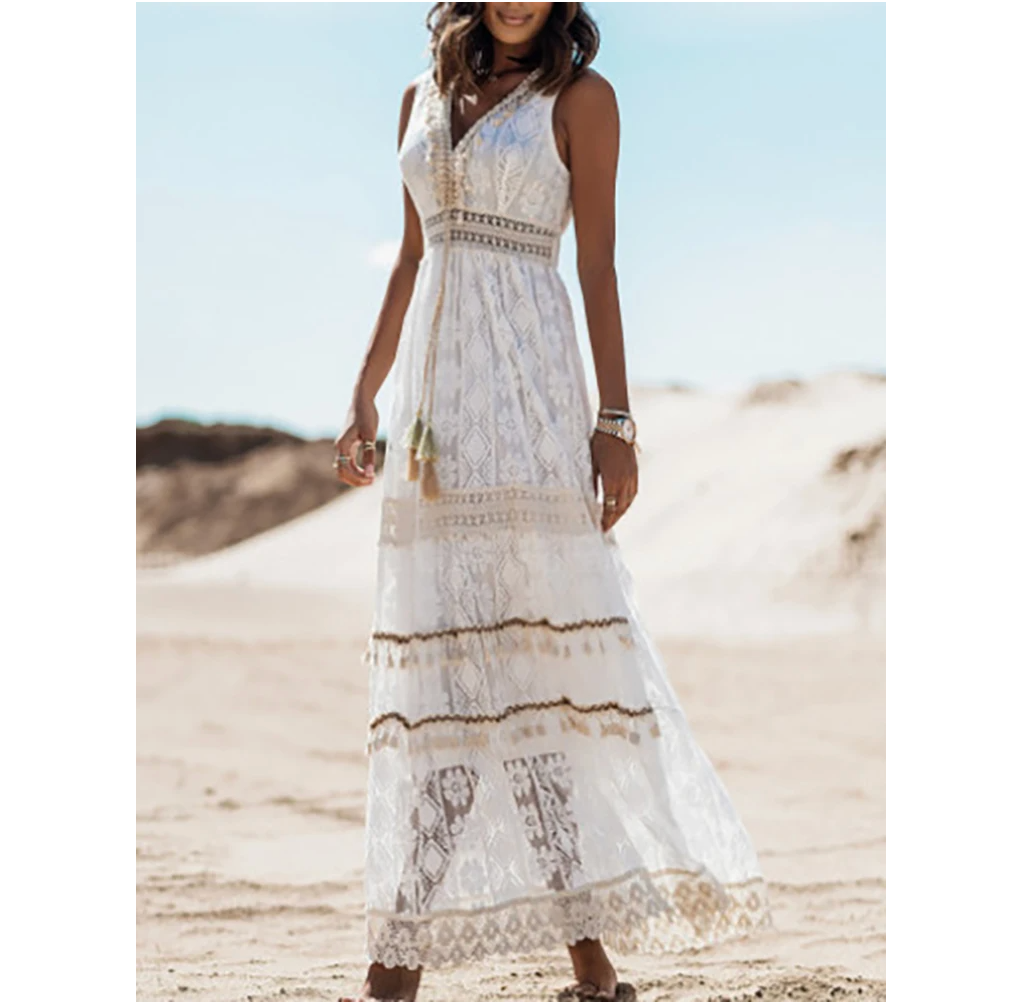 Weißes, ärmelloses Maxikleid für Damen, leichtes Sommerkleid, elegant als Cocktailkleid für Frauenmode.