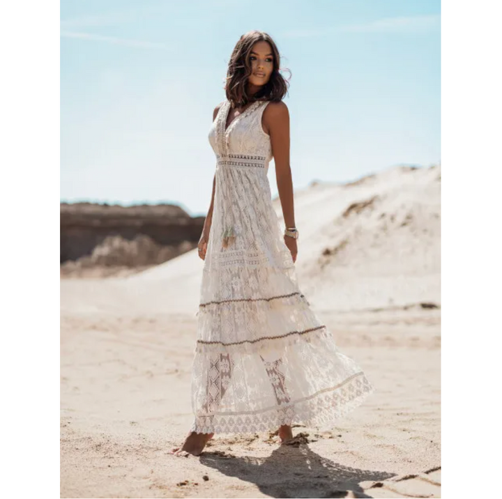 Apricot Maxikleid für Damen, ärmellos, leicht & elegant, perfekt als Cocktailkleid oder für Freizeit.