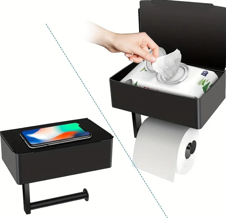 WC-Papierhalter mit integrierter Handyablage & Organizer, modernes Badaccessoire zur Wandmontage.