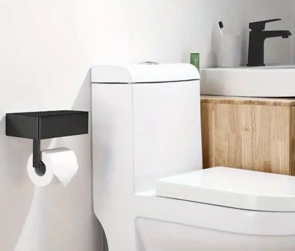 Praktischer Toilettenpapierhalter mit Ablage für Handy & Utensilien, matt schwarz, Bad Organizer.