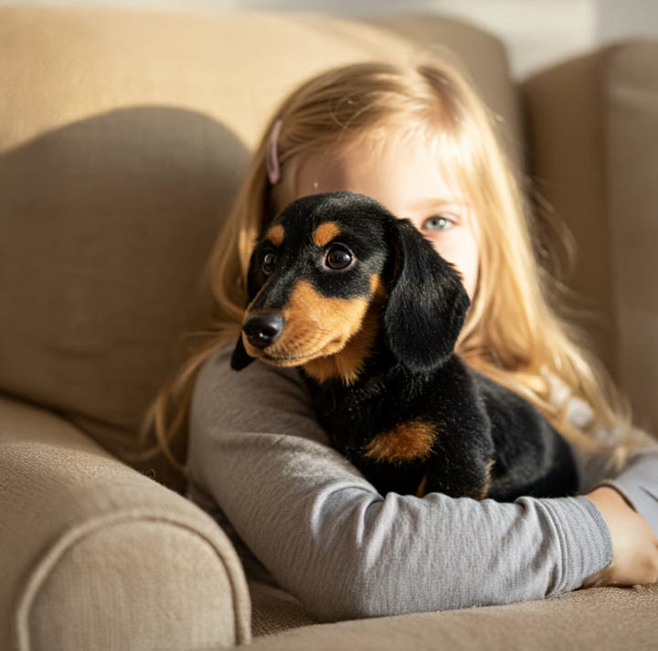 Vollansicht: Interaktives Dackel Kuscheltier, ultraweich & gemütlich. Perfektes Plüschtier zum Kuscheln & Spielen.