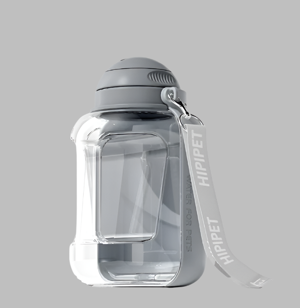 Blaue Hunde-Wasserflasche mit ausklappbarem Futternapf und separatem Fach für Trockenfutter.