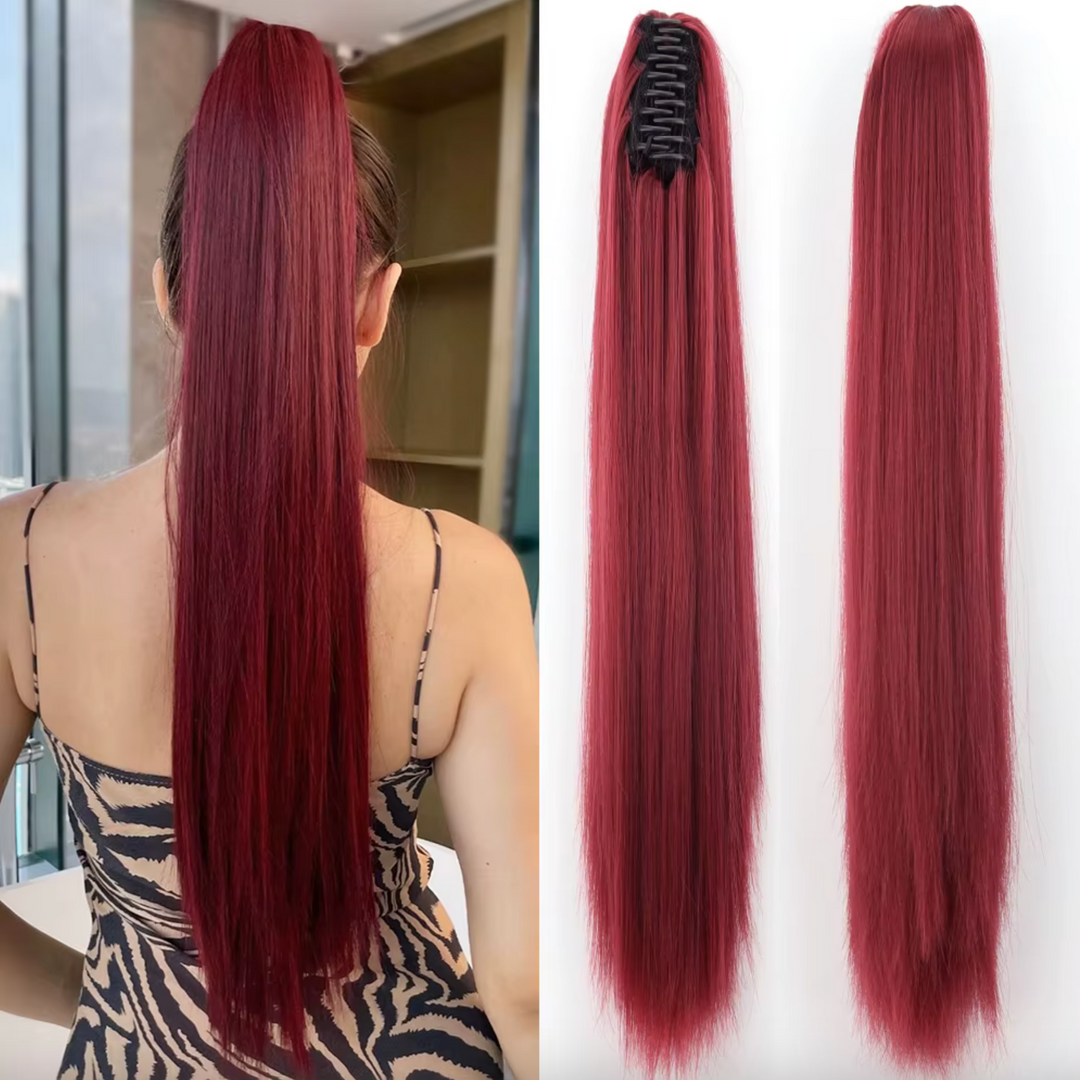Rote 55 cm Pferdeschwanz Haarverlängerung für Damen. Clip-in Haarteil für lebendiges Volumen.