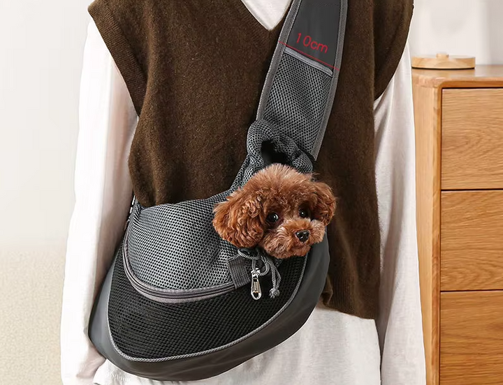 Sichere Hunde-Schultertragetasche mit verstellbarem Riemen & Leinenhaken, ideal für kleine Hunde & Katzen.