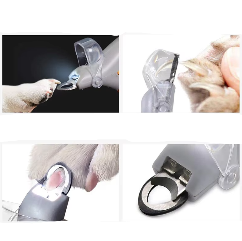 Eleganter grauer Krallenschneider mit LED und Lupe für präzises Trimmen der Krallen von Hunden und Katzen.