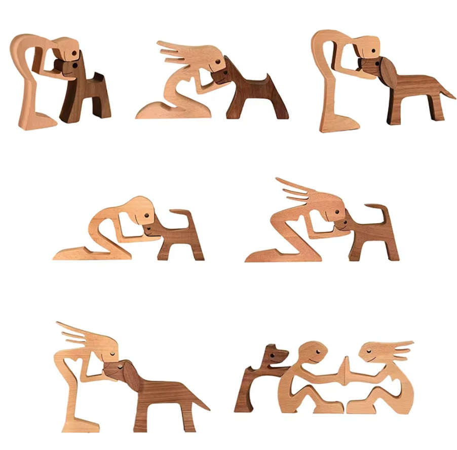 Handgeschnitzte Hundestatue aus Holz, stilvolle Wohndeko für Tierfreunde, minimalistisches Design.