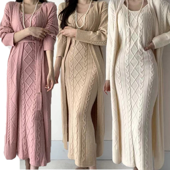 Damen Herbst Set: Elegantes Kleid & warme, kuschelige Strickjacke. Perfekt für festliche Anlässe.