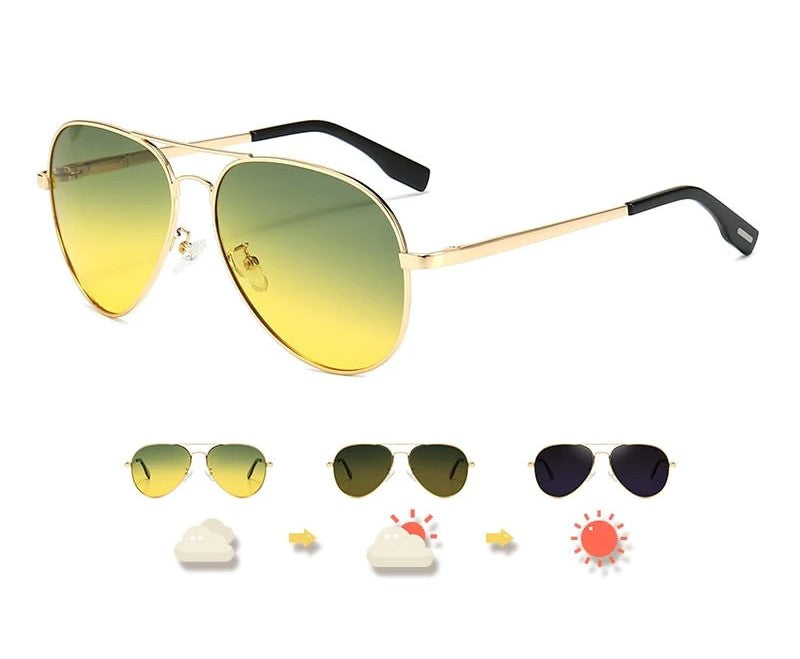 Vielseitige Piloten Sonnenbrille, photochrom & polarisiert. Optimale Tag Nacht Brille und Fahrbrille mit UV400 Schutz.