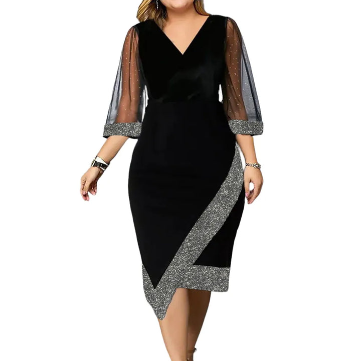 Schwarzes Langarmkleid für festliche Damenmode, Übergröße; Partykleid für den Winter.