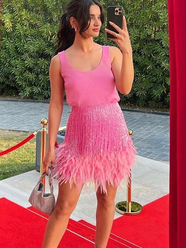 Vielseitiges Damen Fransen-Set Paillettenrock. Ideal für festliche Anlässe, Party oder glamouröse Abendmode.