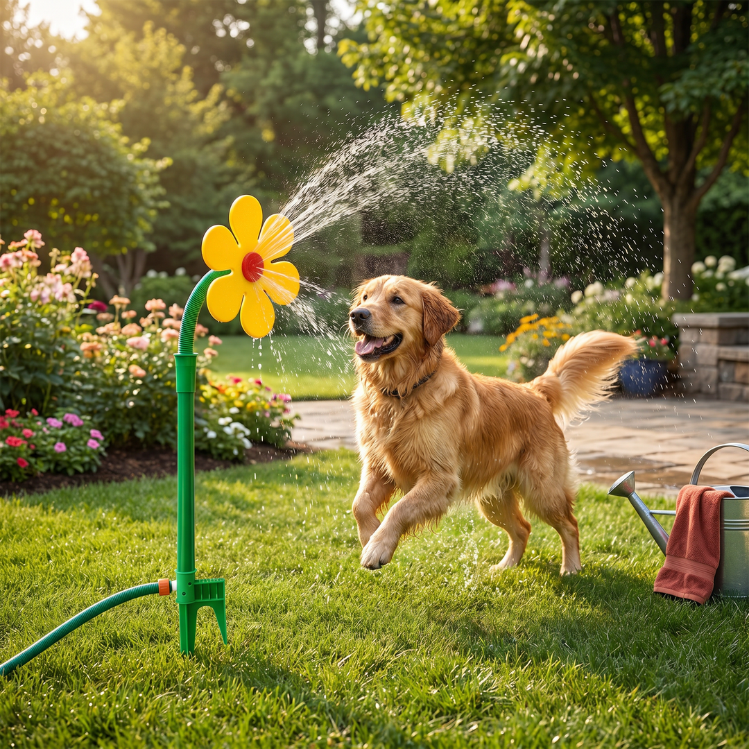 Hund spielt fröhlich mit drehendem Sonnenblumen-Sprinkler im Garten, sorgt für Spaß & Abkühlung im Sommer.