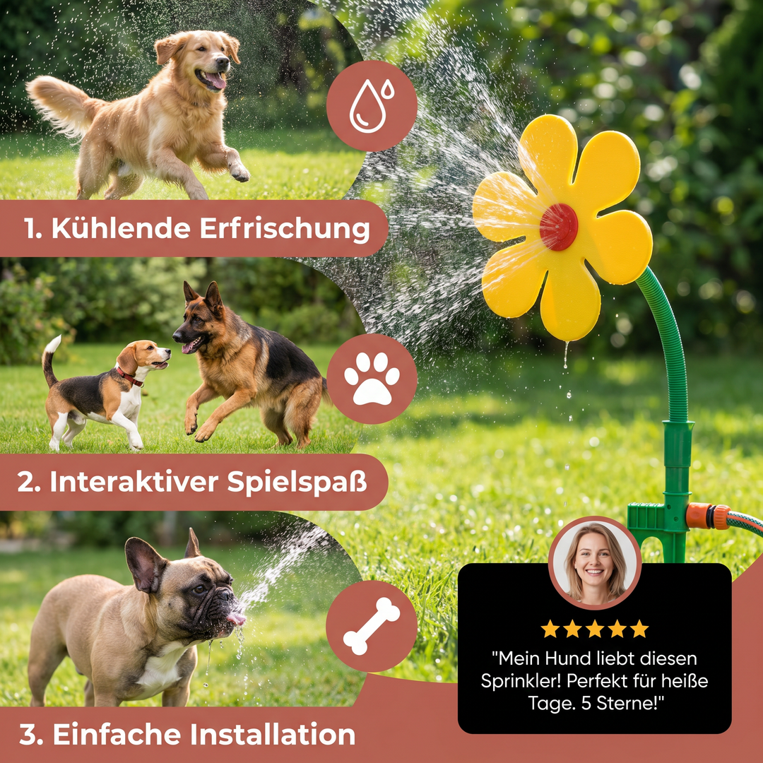 Drehender Sonnenblumen-Hundesprinkler für interaktiven Wasserspaß & Abkühlung im Garten für alle Hunde.