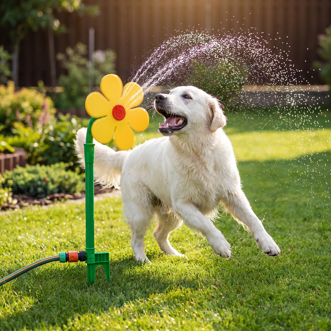 Interaktiver Sonnenblumen-Hundesprinkler bietet Abkühlung & Spielspaß für Haustiere an heißen Sommertagen.