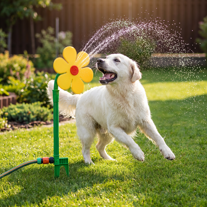 Interaktiver Sonnenblumen-Hundesprinkler bietet Abkühlung & Spielspaß für Haustiere an heißen Sommertagen.