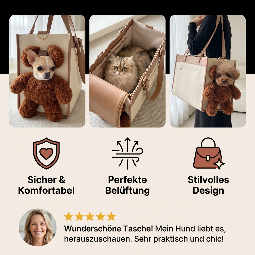 Weiche und gemütliche Hundetasche/Katzentasche mit innovativem Teddy-Fenster. Ideal für Transport & Tierwohl.