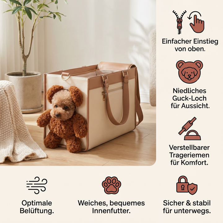 Robuste Haustier Tragetasche für sichere Reisen mit Hund oder Katze. Mit integriertem Teddy-Fenster für Ausblick.