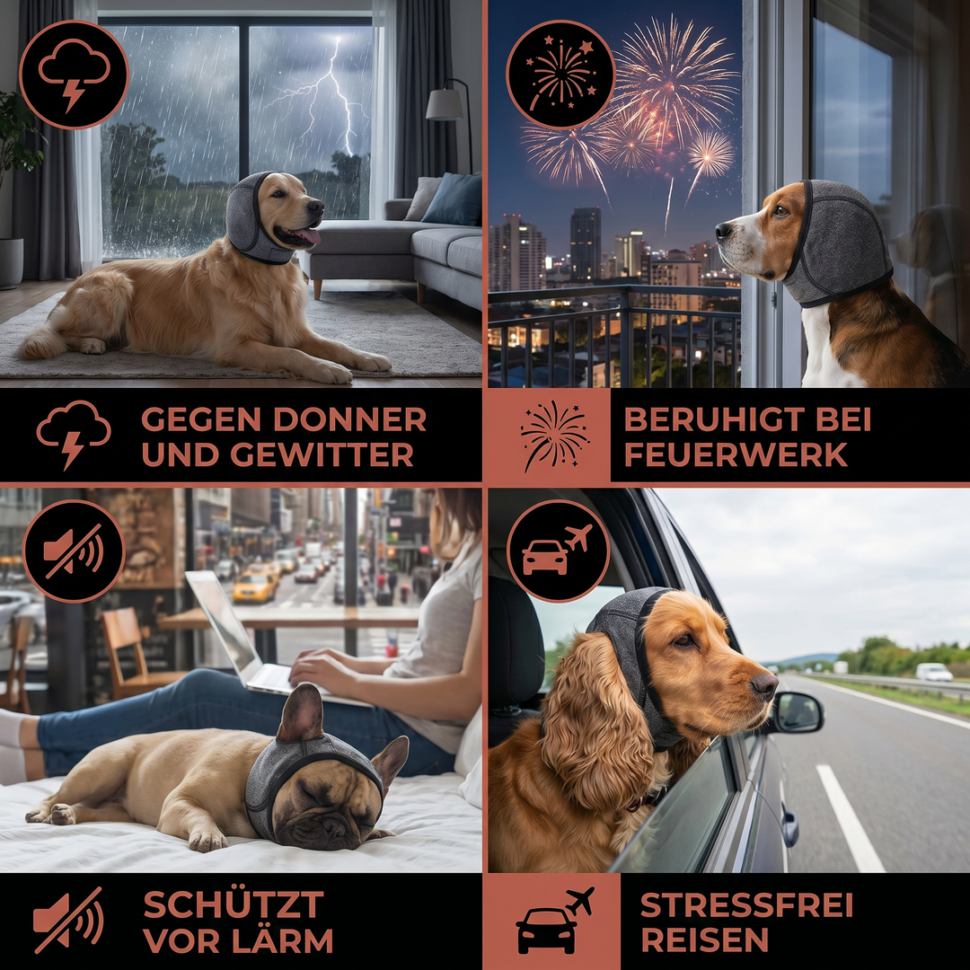 Hundezubehör: Lärmschutz Ohrenschützer für Hunde. Effektive Geräuschdämpfung bei Silvester & Gewitter.