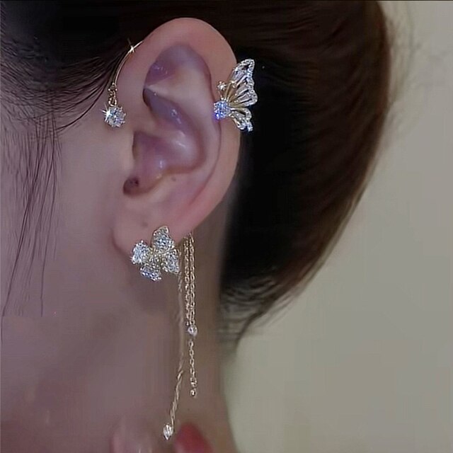Piercinglose Ohrmanschette: Schmetterlings-Design für Damen, funkelnd, mit Zirkonia-Steinen, feierlich.