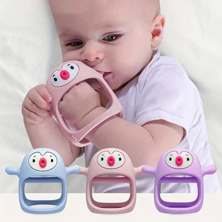 Blauer Baby-Beißring aus schadstofffreiem Silikon, ideal als Geschenk zum Zahnen. Sanfte Zahnfleischpflege.