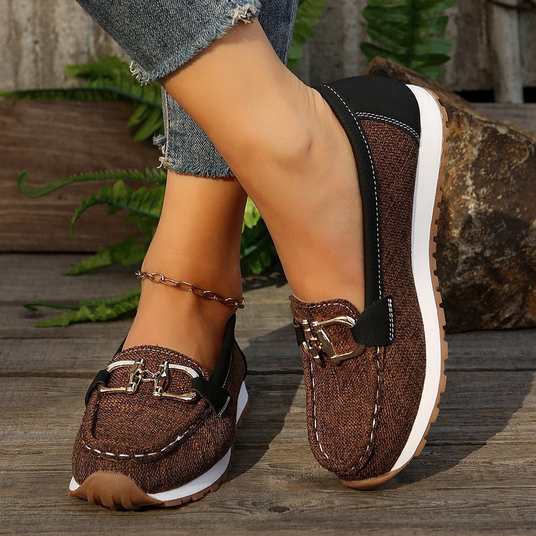 Damen Slingback Flats im Loafer-Stil mit schicker Metallspange. Vielseitige bequeme Schuhe für Herbst & Frühling.