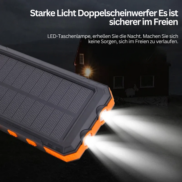 Kompakte Solar Powerbank mit Taschenlampe, zuverlässige Energieversorgung für Wandern, Reisen & Notfälle.