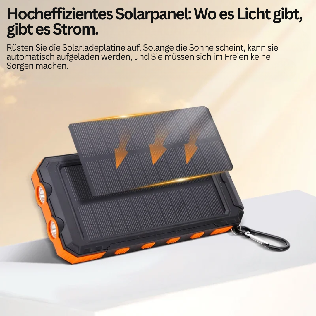 Mobile Solar Powerbank mit Powerbank-Funktion und starker Taschenlampe für Outdoor-Abenteuer.