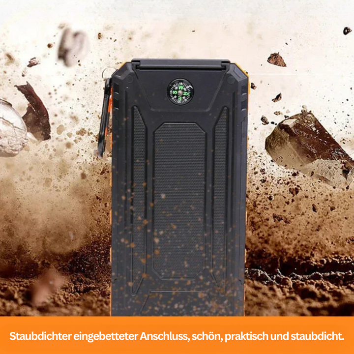 Energieeffiziente Solar Powerbank & USB Ladegerät, mit integrierter LED Taschenlampe für alle Situationen.