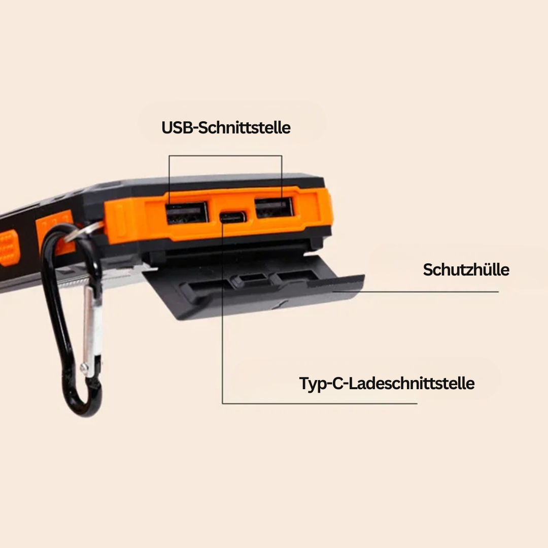 Die robuste Solar Powerbank versorgt Smartphones mit Energie und leuchtet als Taschenlampe im Notfall.