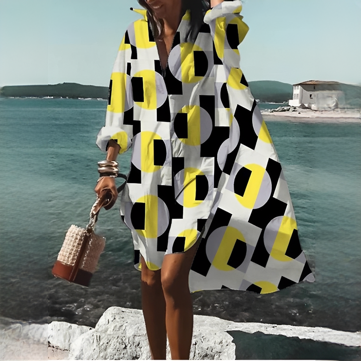 Locker sitzendes Midi-Sommerkleid für Damen, geometrischer Print, V-Ausschnitt, casual.