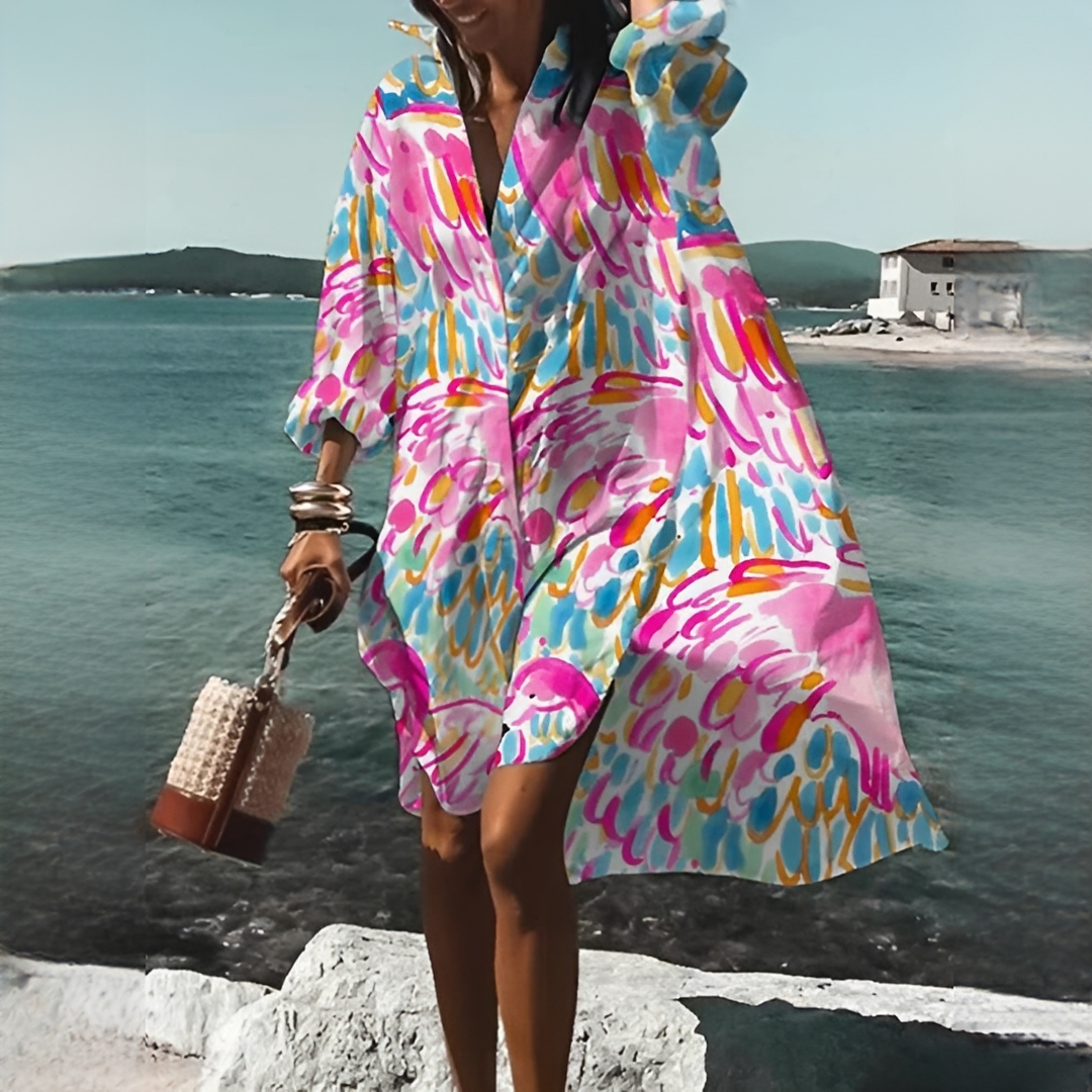 Fließendes Damen Printkleid mit geometrischem Muster, V-Ausschnitt, ideal für Frühling & Sommer.