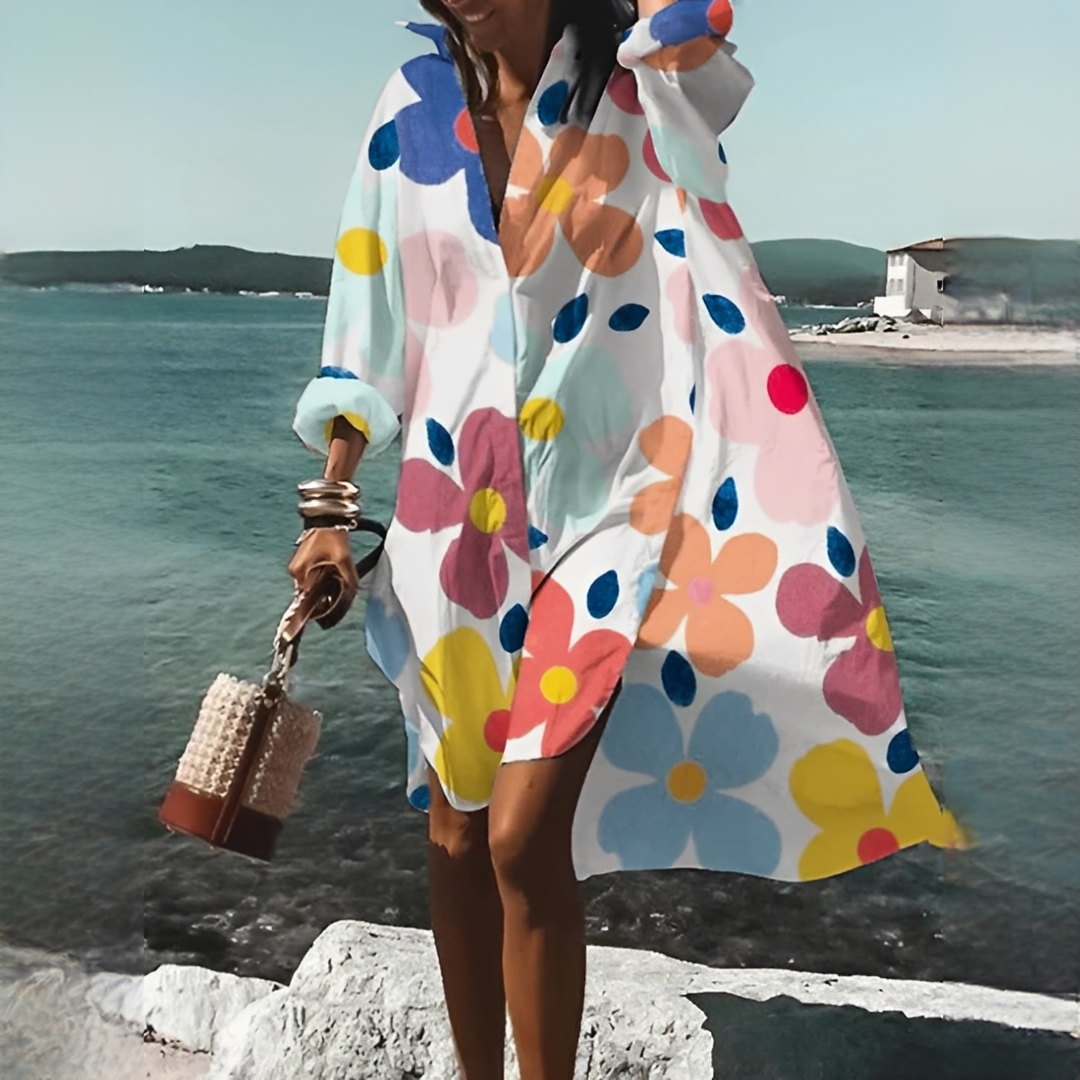 Elegantes Damen Sommerkleid, geometrisches Design, V-Ausschnitt, Oversize-Passform, vielseitig.