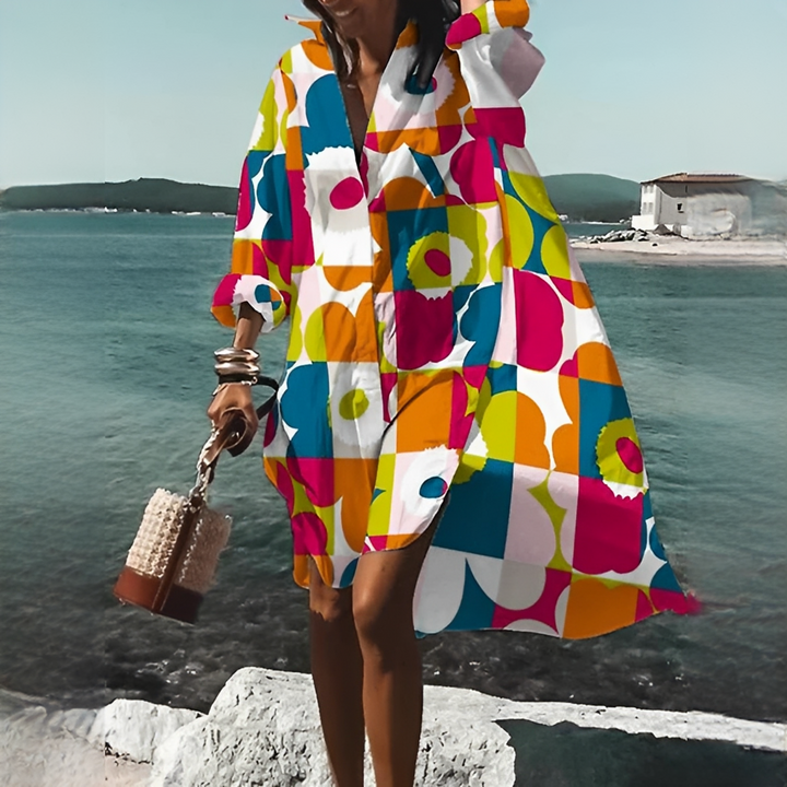 Casual Damen Midi-Sommerkleid mit geometrischem Print, V-Ausschnitt, perfekt für warme Tage.