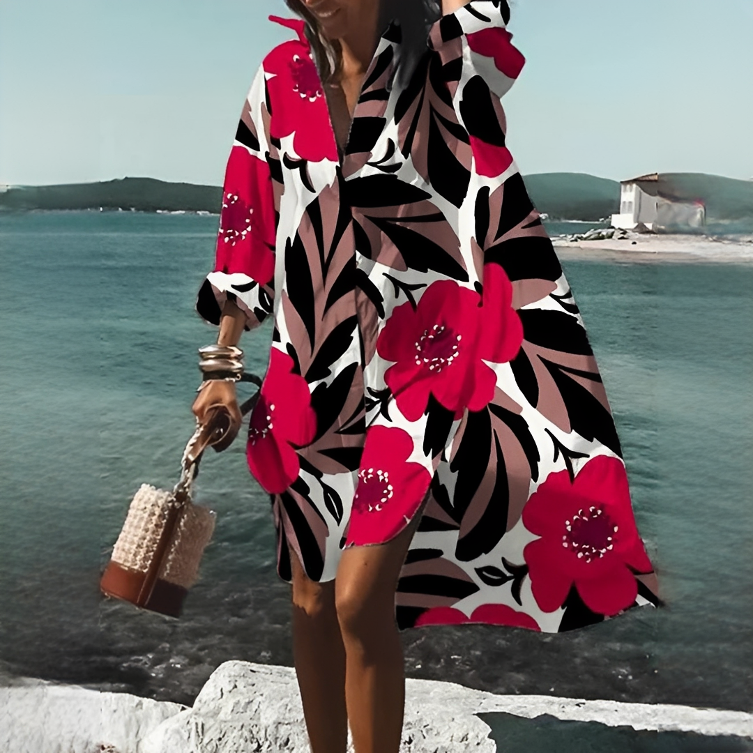 Damen Hemdblusenkleid, locker, geometrischer Print, V-Ausschnitt, fließendes Midi-Sommerkleid.
