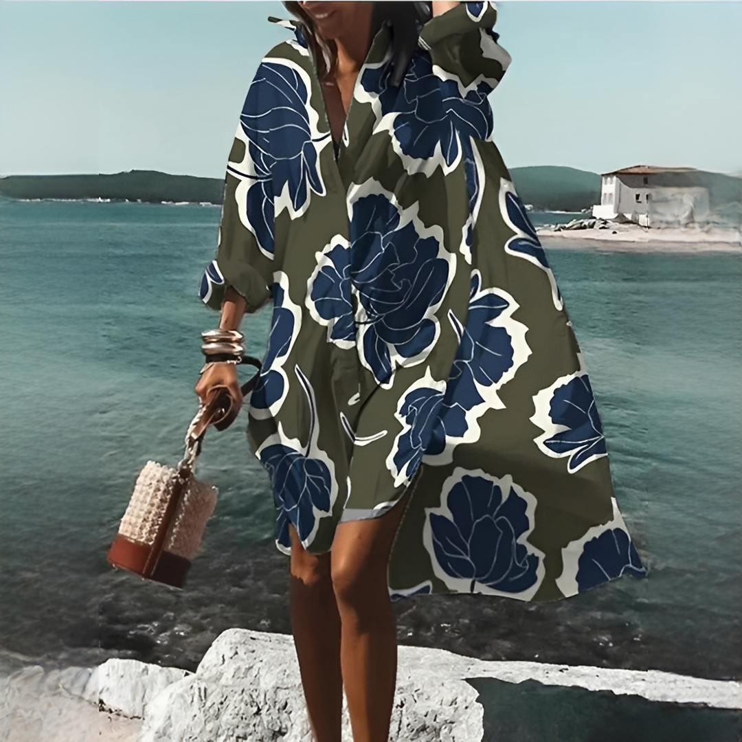 Modisches Damen V-Ausschnitt Sommerkleid mit auffälligem geometrischem Muster, bequem und stilvoll.
