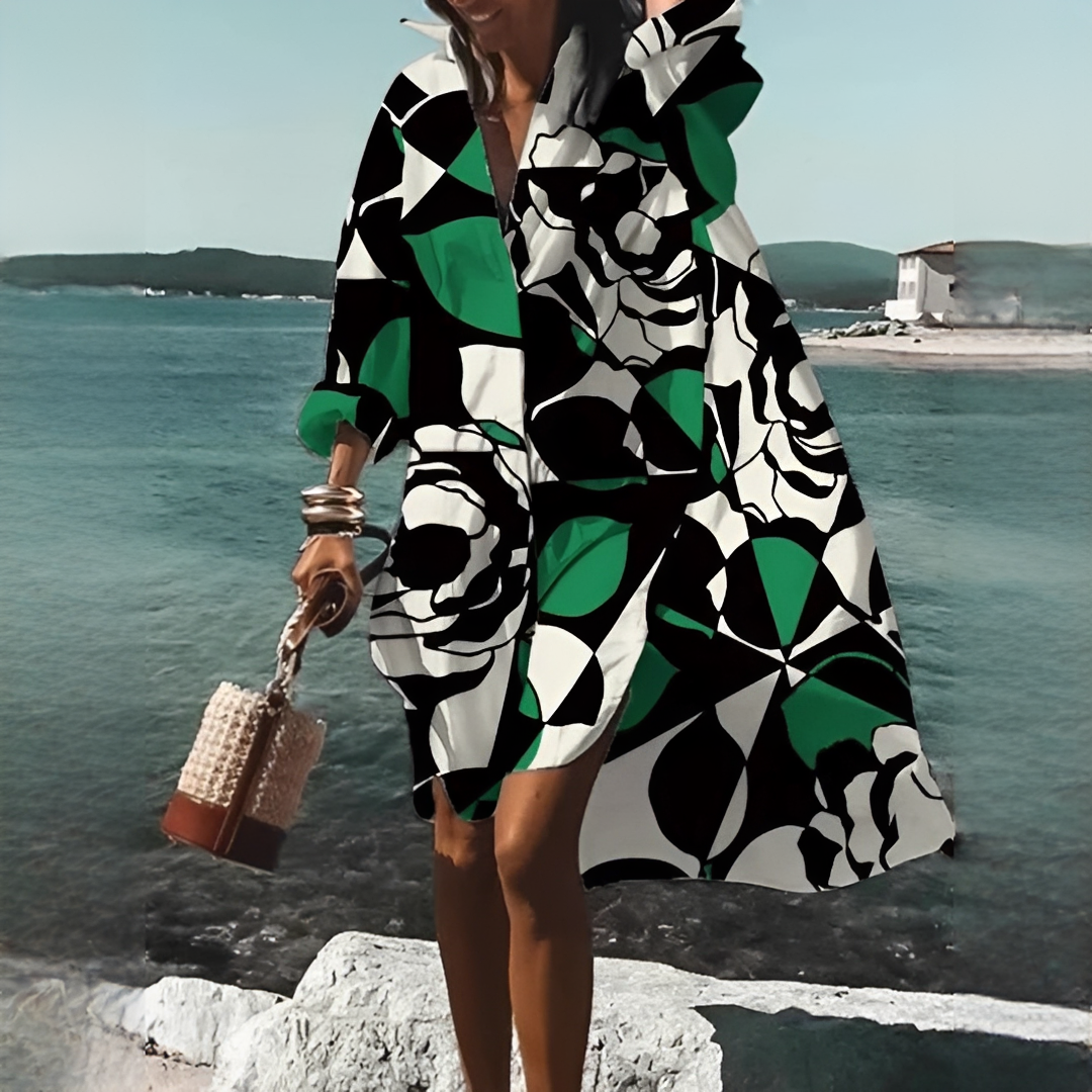 Geometrisches Damen Sommerkleid, fließend, V-Ausschnitt, ideal als bequemes Oversize-Midi-Kleid.