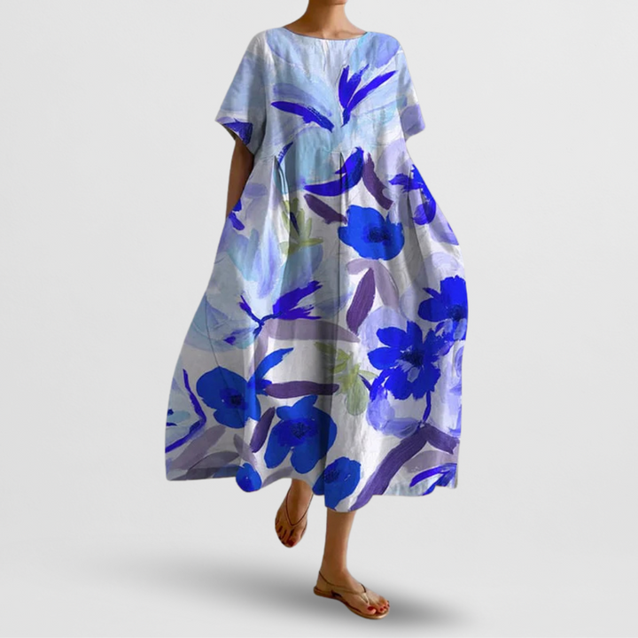 Lockeres Damen Maxikleid mit floralem Aquarell-Blumenprint, Kurzarm und praktischen Taschen, ideal für Freizeit.