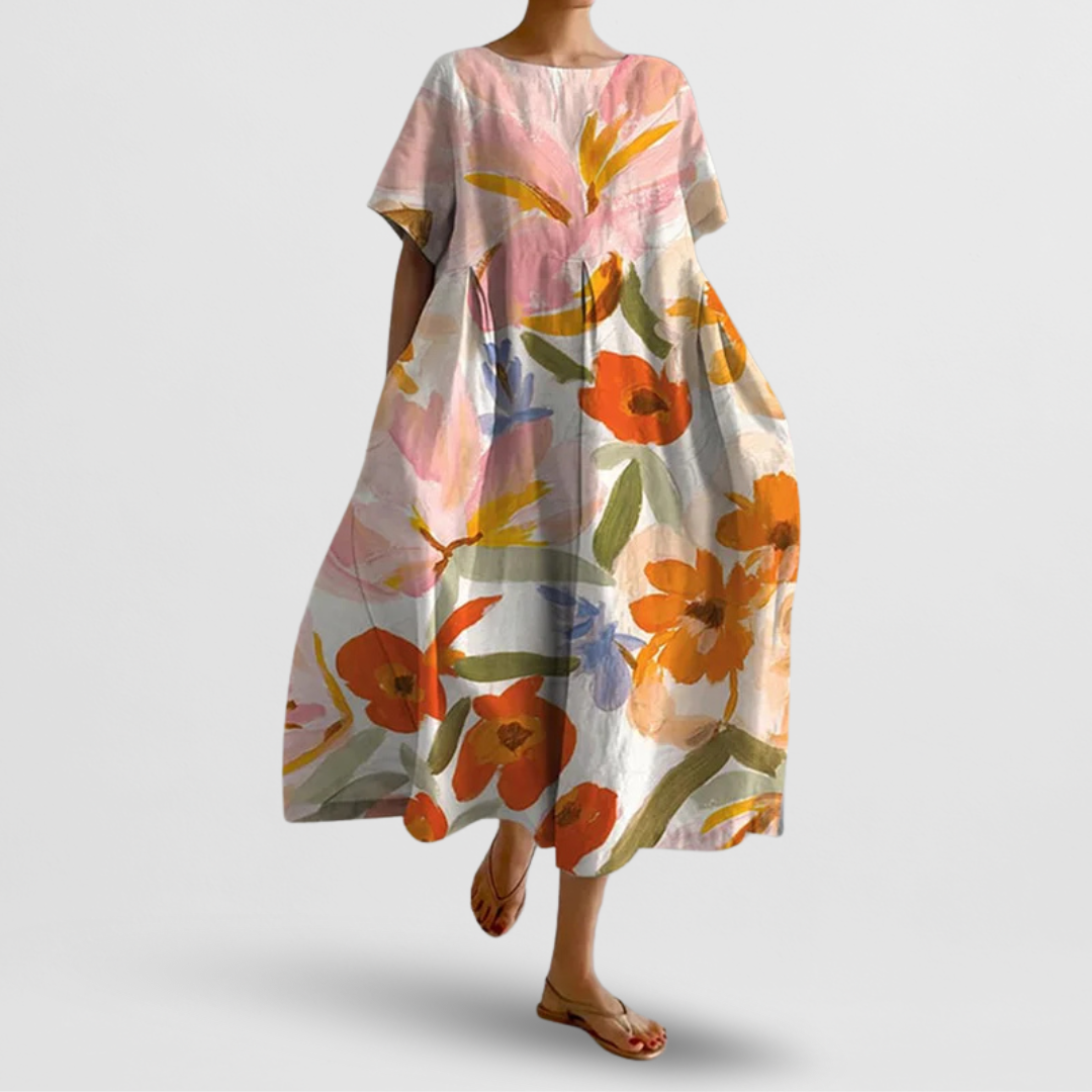 Elegantes Damen Sommerkleid im Oversized-Schnitt mit kunstvollem Aquarell-Blumenprint für maximalen Komfort.