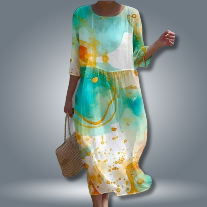 Romantisches Midi-Damenkleid für Frühling/Sommer mit zartem Rosenmuster, ideal für Freizeit oder festliche Anlässe.
