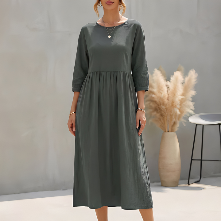 Vielseitiges elegantes Damen Midi-Kleid in A-Linie mit Empire-Taille, perfekt für Sommer und Herbst.