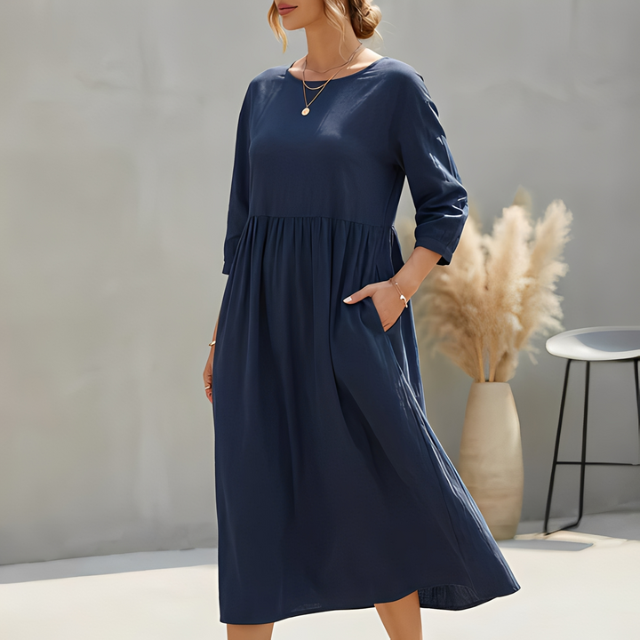 Elegantes und bequemes Damen Midi-Kleid für Frühling, Sommer & Herbst, mit Empire-Taille & Taschen.