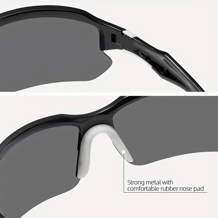 Detailansicht einer Herren Sport-Sonnenbrille, zeigt robuste Konstruktion & blendfreie Gläser für klaren Blick.