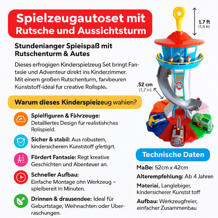 Zwei Spielautos fahren die Rampe des Rutschenturms hinunter. Interaktives Kinderspielzeug-Set für kleine Fahrer.