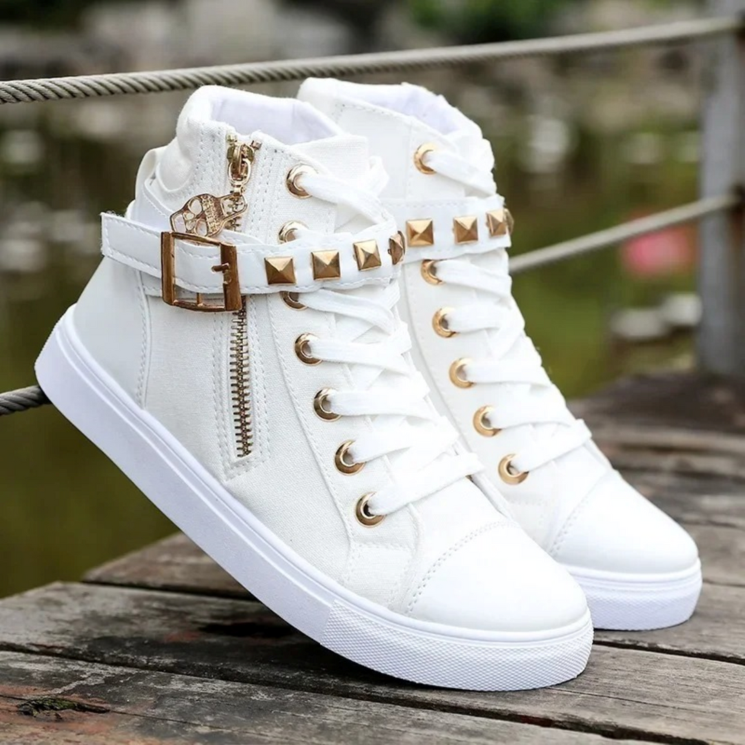 Weiße hohe Damen Sneaker mit Reißverschluss, elegant & sportlich für Freizeit und Alltag.